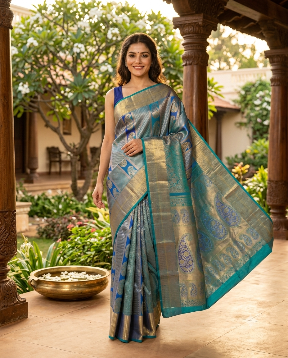 Peacock Blue and Teal Pure Kanchipuram Silk Saree