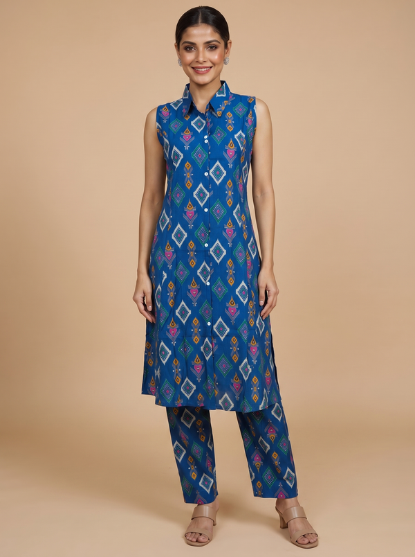 Royal Blue Co-ord Set with A-Line Cut
