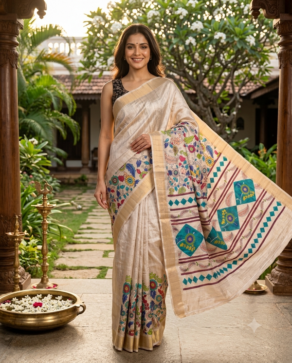 Silver Grey Dola Silk Saree with Multicolour Munthi & Floral Art