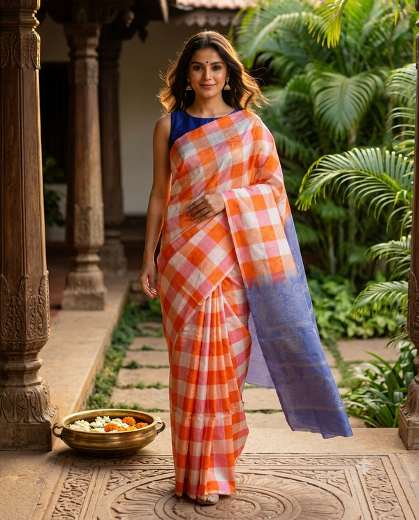 Orange and Off-White Checked Pure Soft Silk Saree
