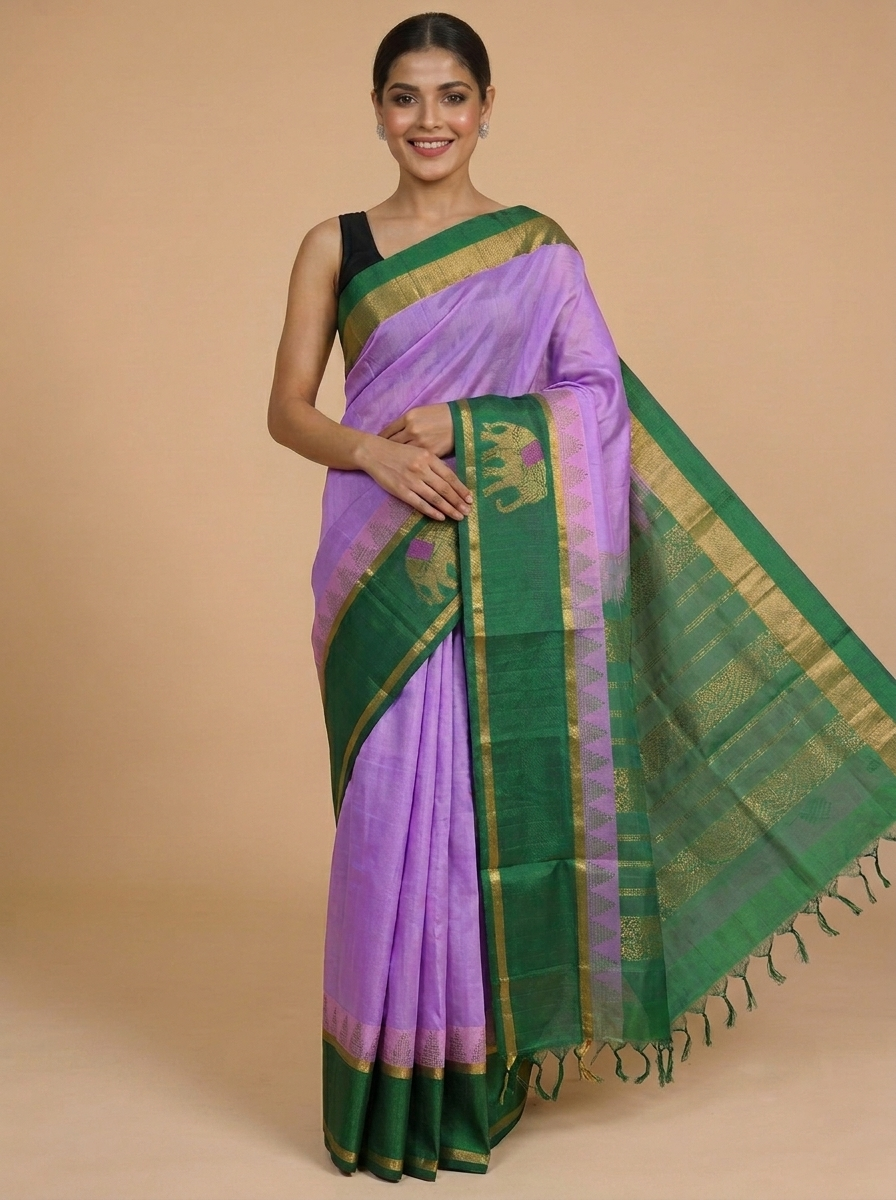 Lavender and Emerald Green Pure Silk Cotton Saree