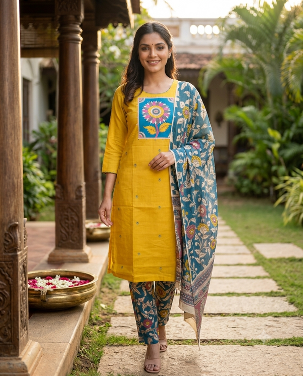 Mustard Yellow Cotton Kalamkari Print Straight Cut Kurti Set