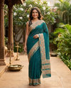 Teal Green and Cream Linen Cotton Saree