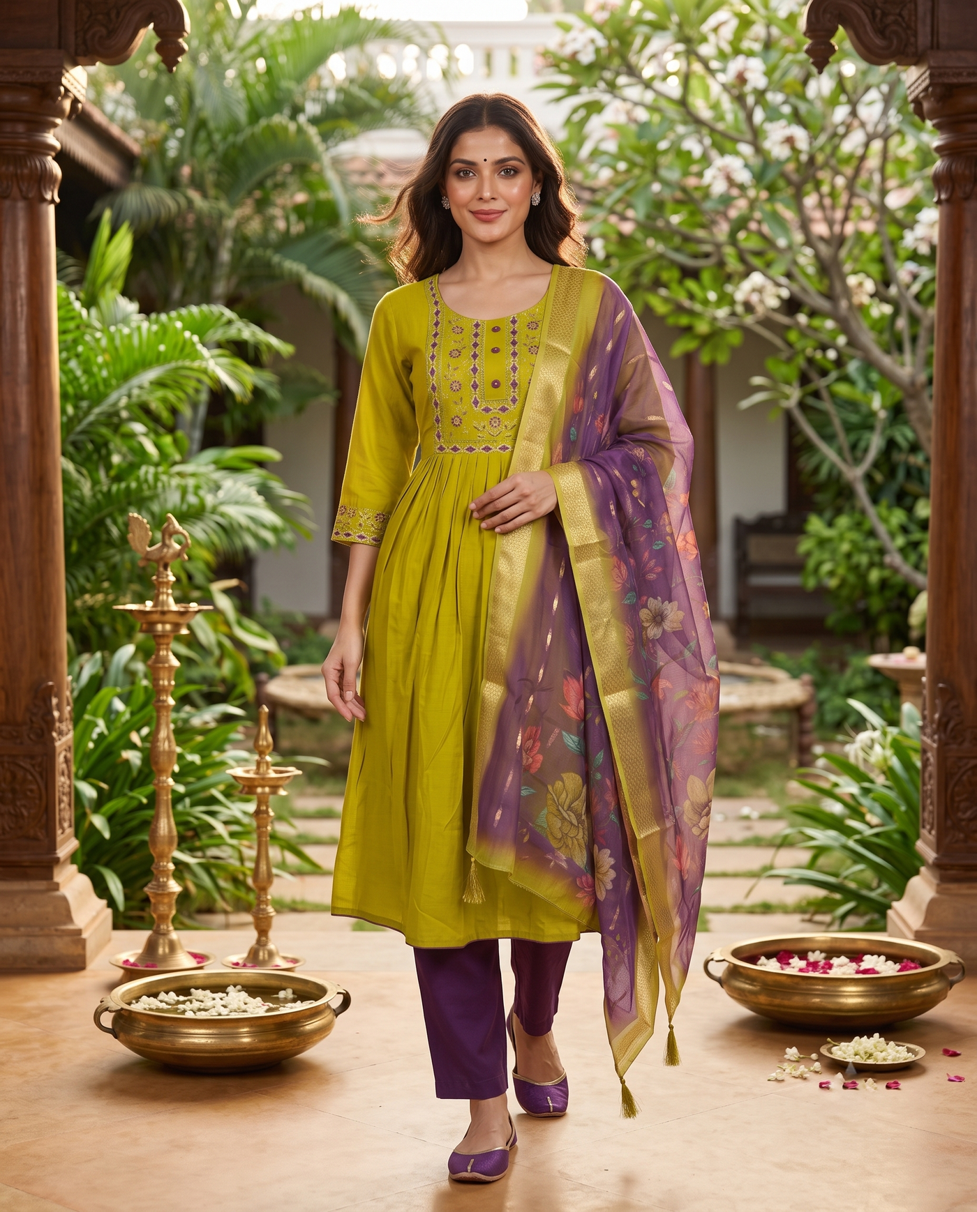 Olive Green with Purple Dupatta Anarkali Kurti Set