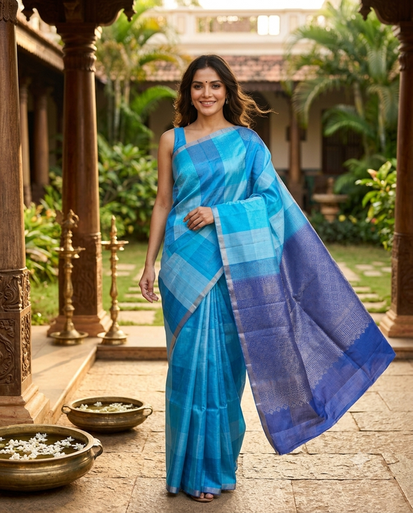 Sky Blue and Royal Blue Pure Soft Silk Saree