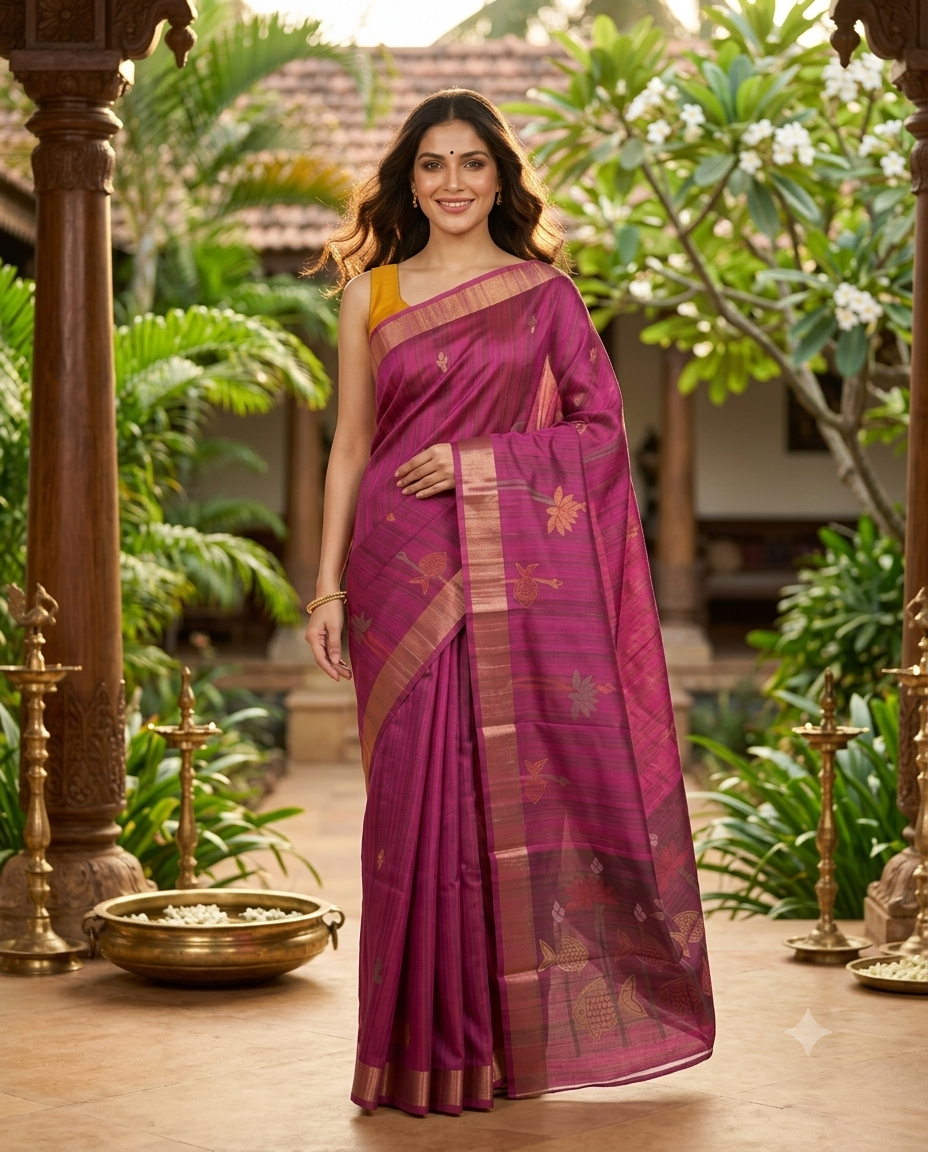 Magenta with Deep Magenta - Semi Tussar Saree
