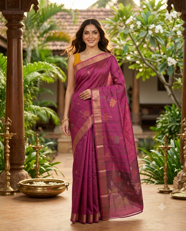 Magenta with Deep Magenta - Semi Tussar Saree