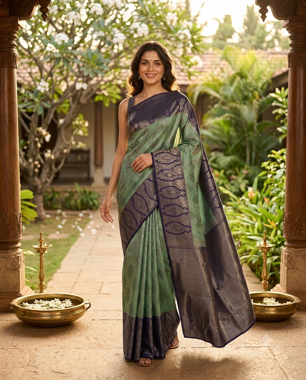 Sage Green and Deep Indigo Pure Kanchipuram Silk Saree