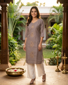 Mauve Grey Paisley Embroidered Cotton Straight Cut Top