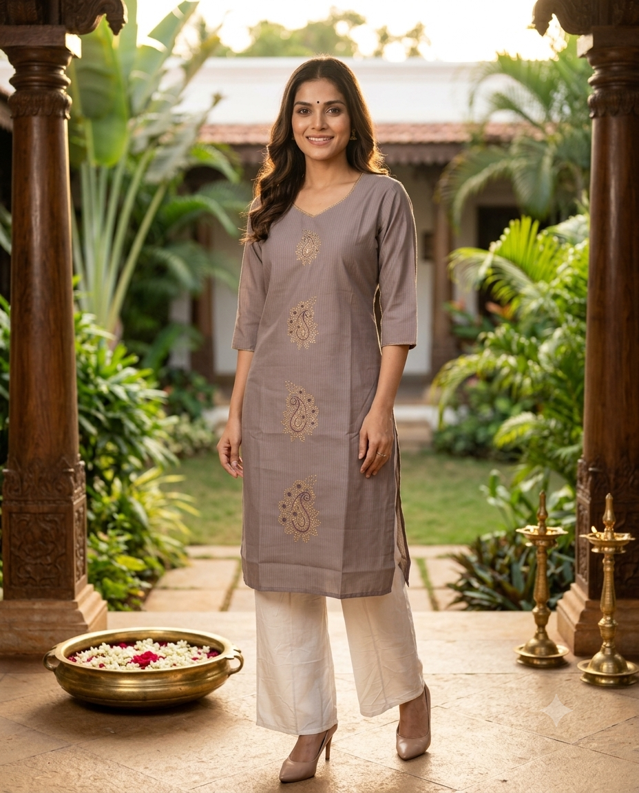 Mauve Grey Paisley Embroidered Cotton Straight Cut Top