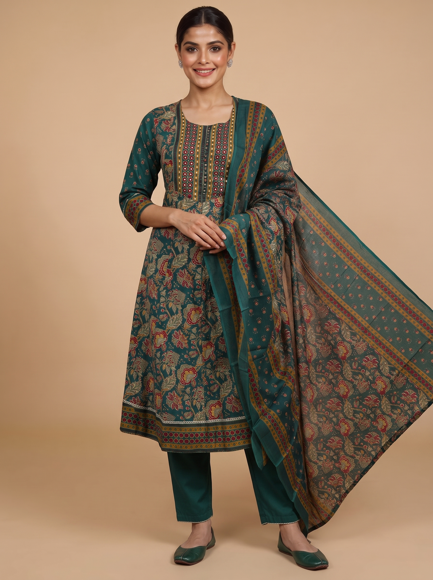 Dark Green with Bottle Green Dupatta Anarkali Kurti Set