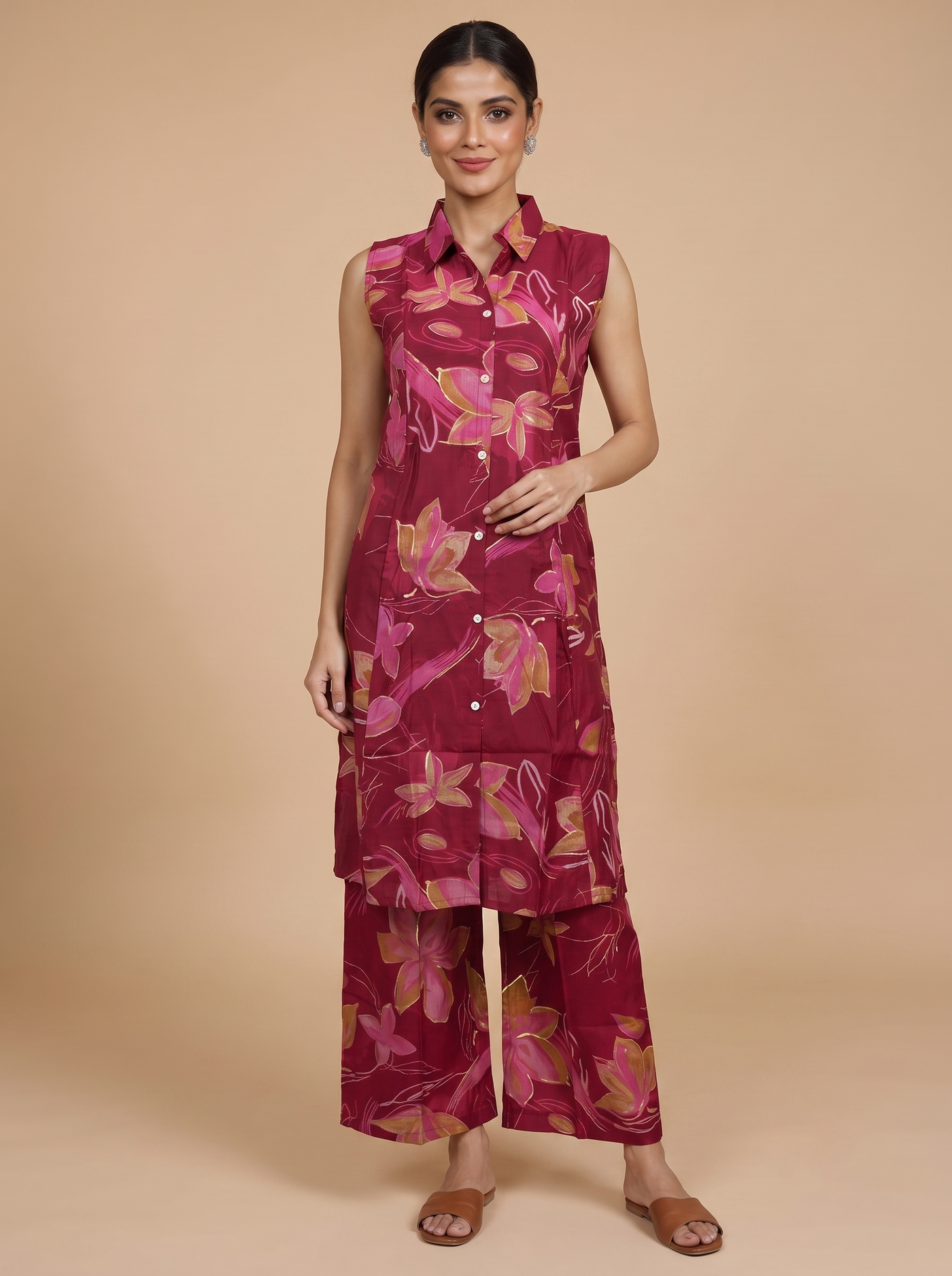 Wine Red Floral Co-ord Set with A-Line Cut