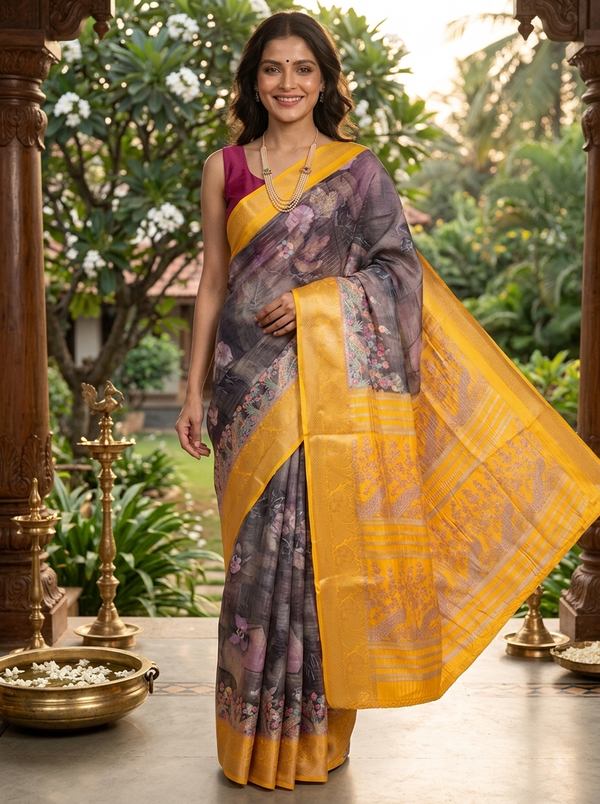Charcoal Grey with Golden Yellow - Semi Raw Silk Saree