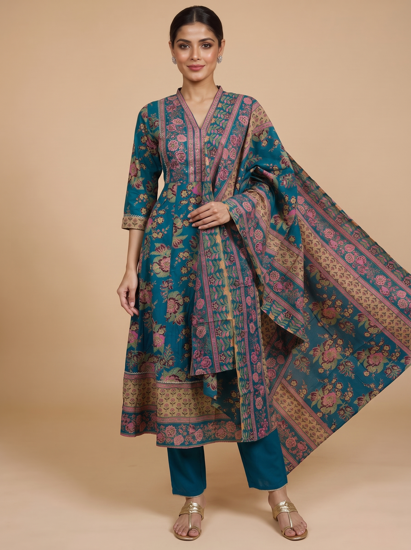 Teal Blue with Matching Floral Dupatta Anarkali Kurti Set