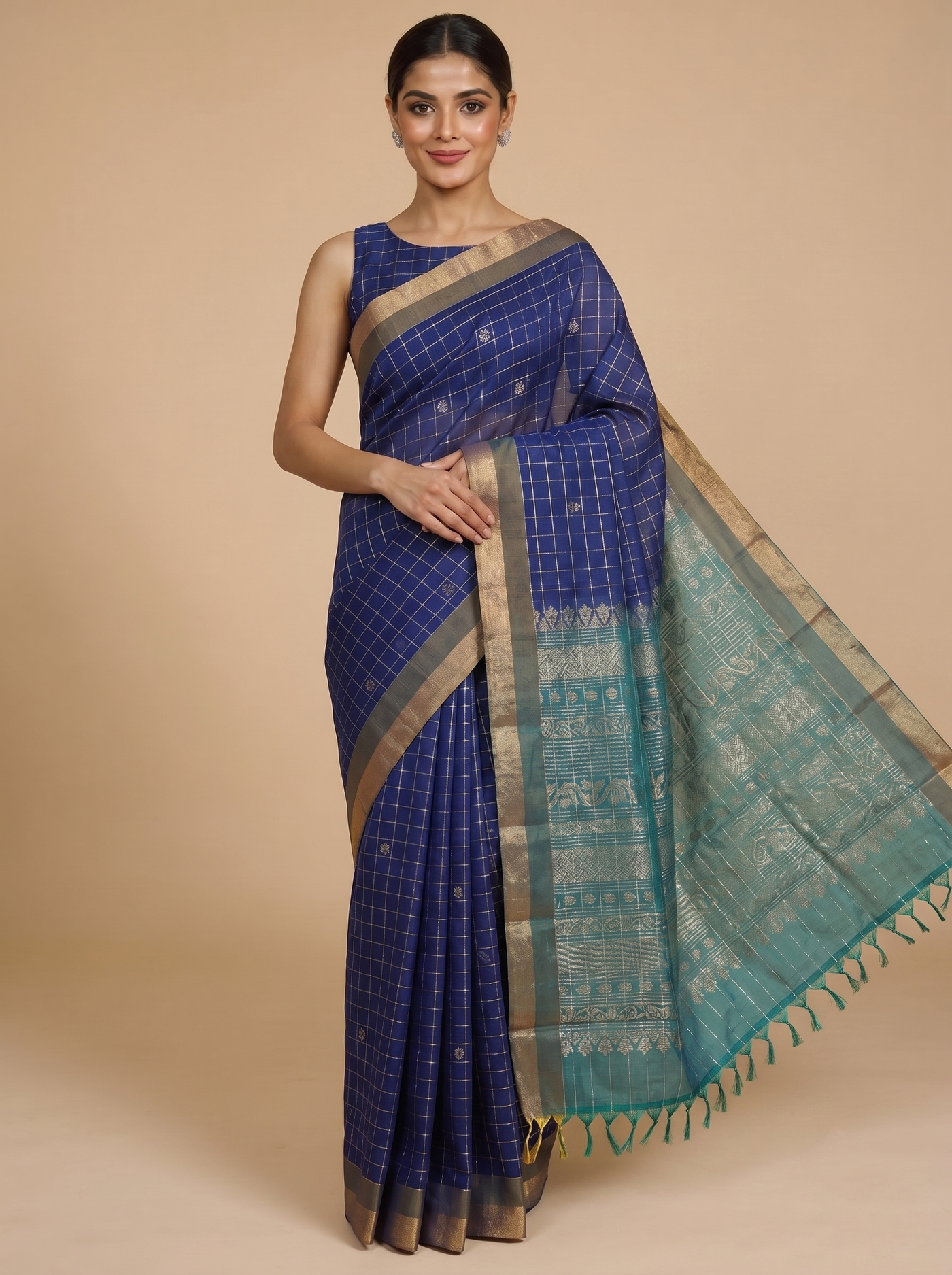 Elegant Royal Blue and Teal Pure Silk Cotton Saree