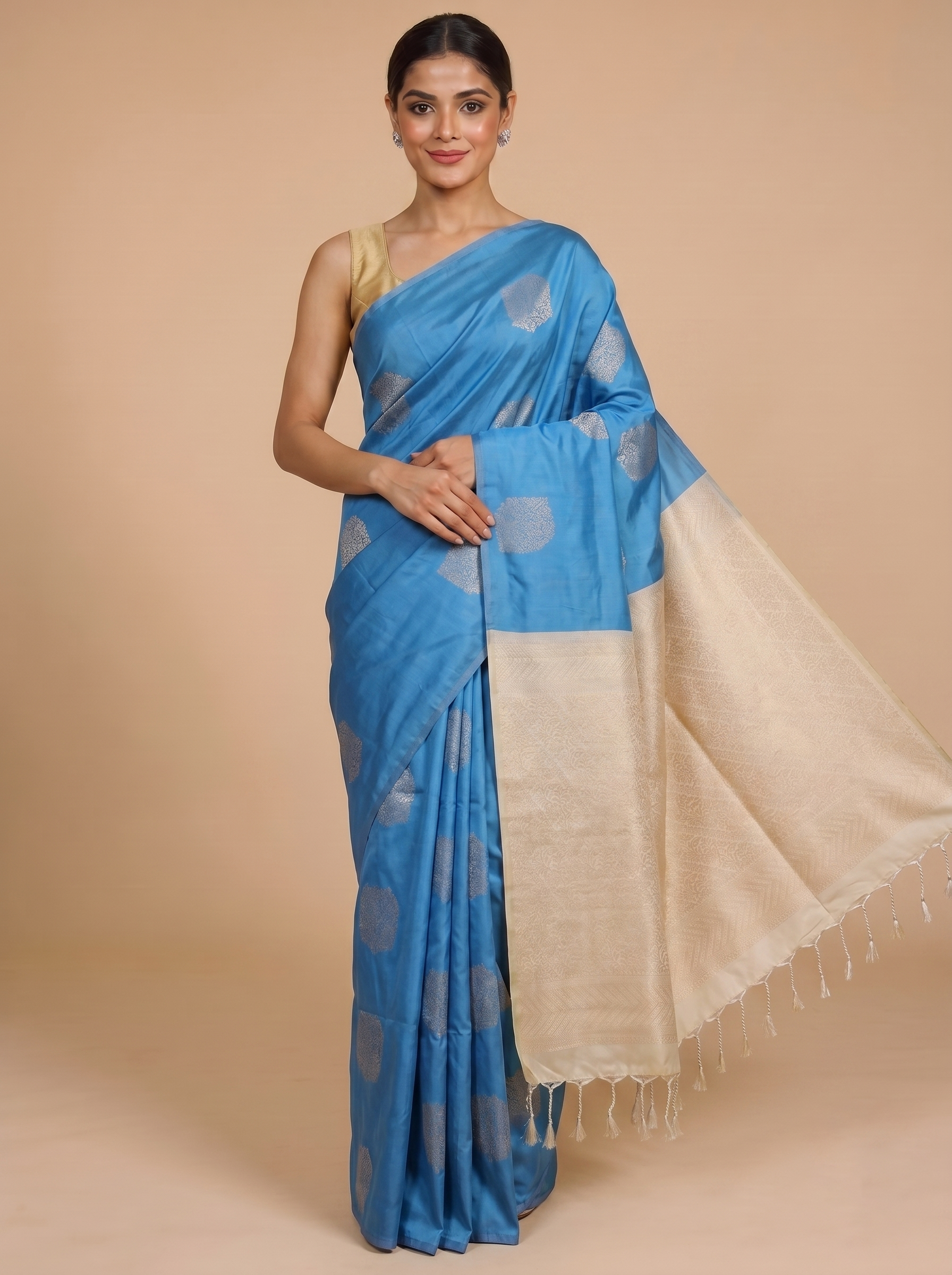 Sky Blue with Cream - Semi Silk Saree