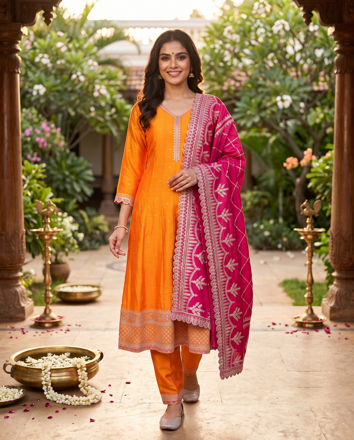 Mango Orange with Magenta Pink Dupatta Ready Made Kurti Set