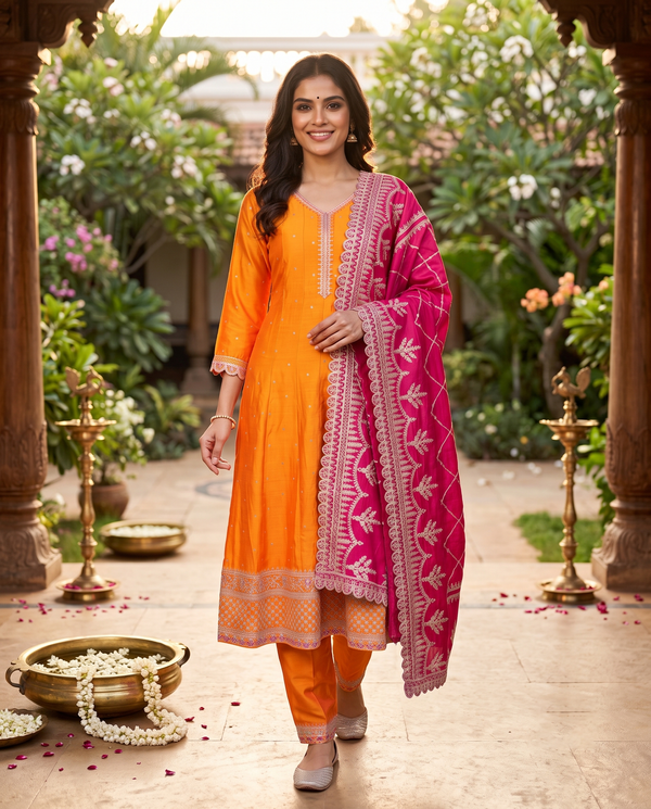 Mango Orange with Magenta Pink Dupatta Ready Made Kurti Set