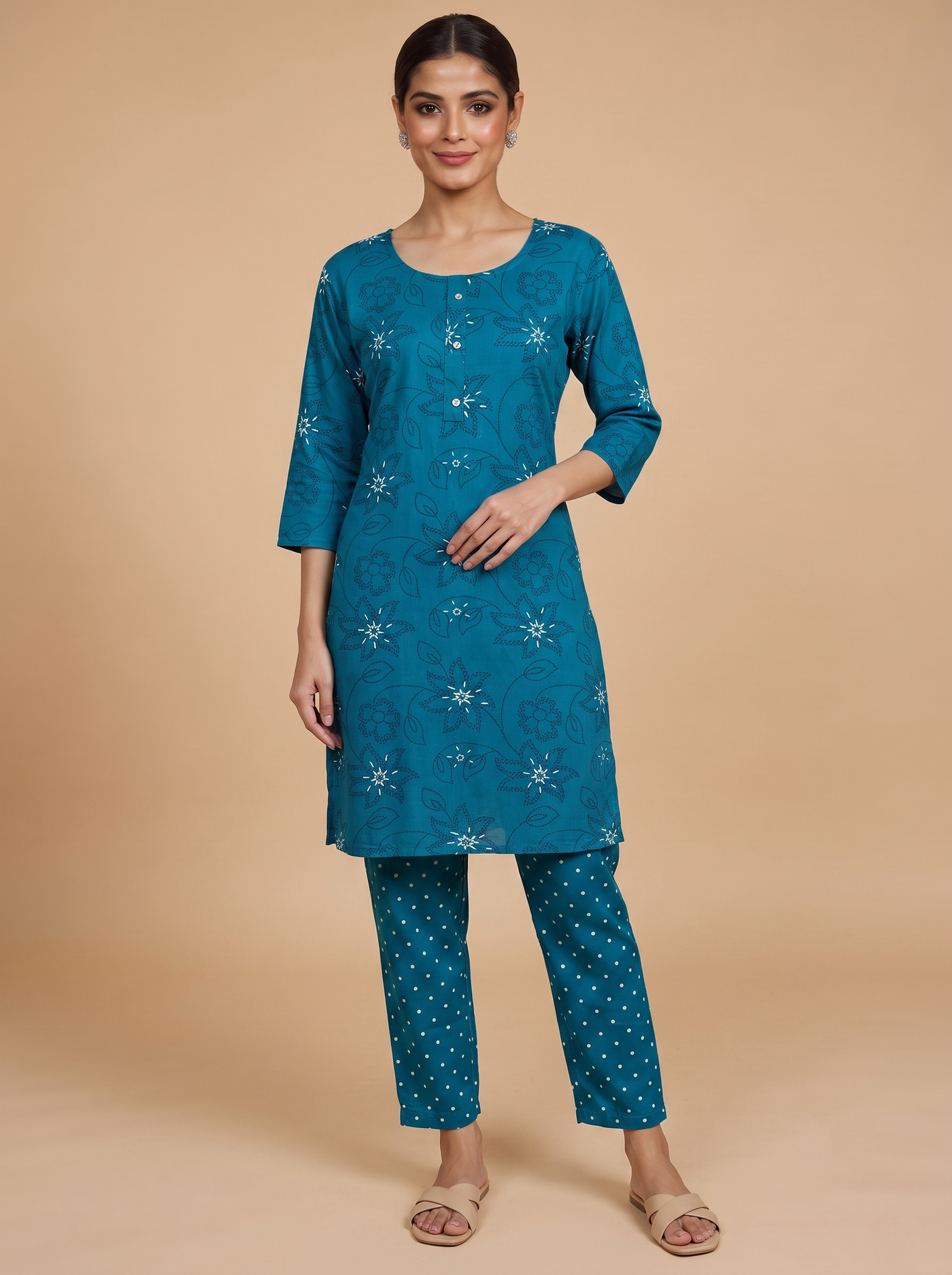 Teal Blue Floral Print Kurti Set