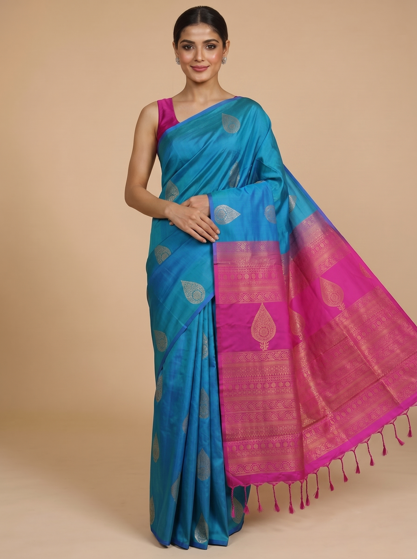 Sky Blue with Magenta Pink - Semi Silk Saree