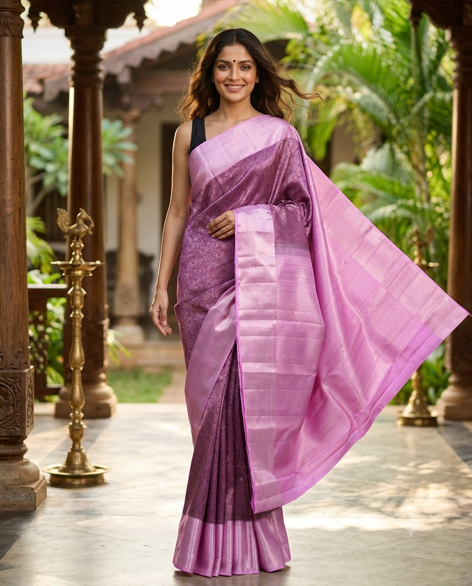 Alluring Wine Purple and Pastel Pink Pure Kanjivaram Silk Saree