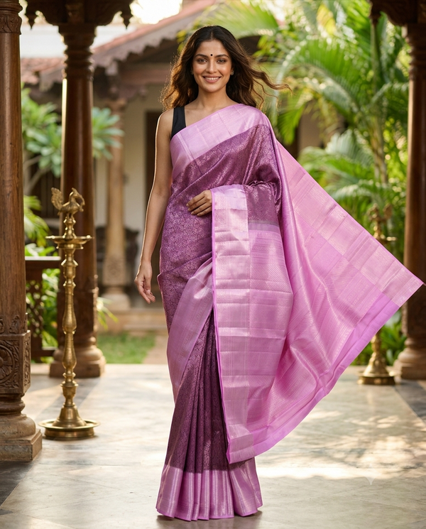Alluring Wine Purple and Pastel Pink Pure Kanjivaram Silk Saree