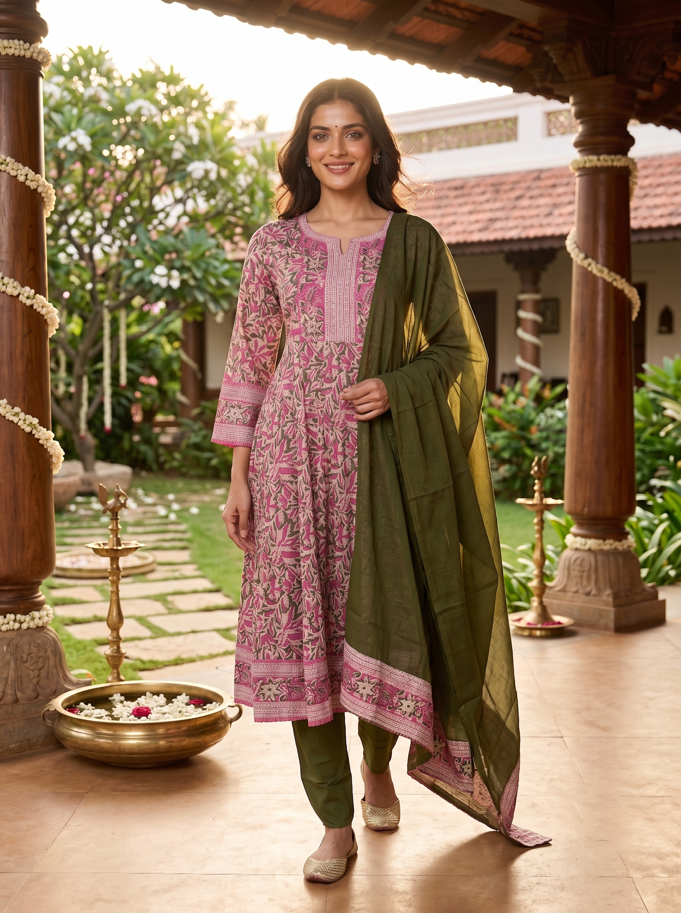 Olive Green with Pink Dupatta Anarkali Kurti Set