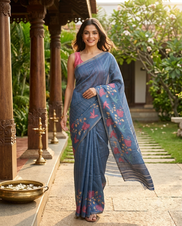 Steel Blue with Zari Stripes Pallu - Semi Tussar Saree