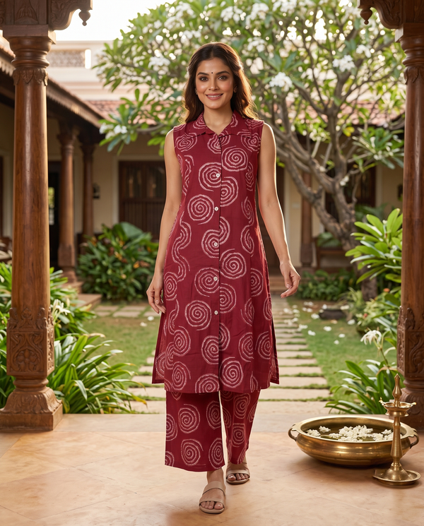 Maroon Shibori Print Co-ord Set with A-Line Cut