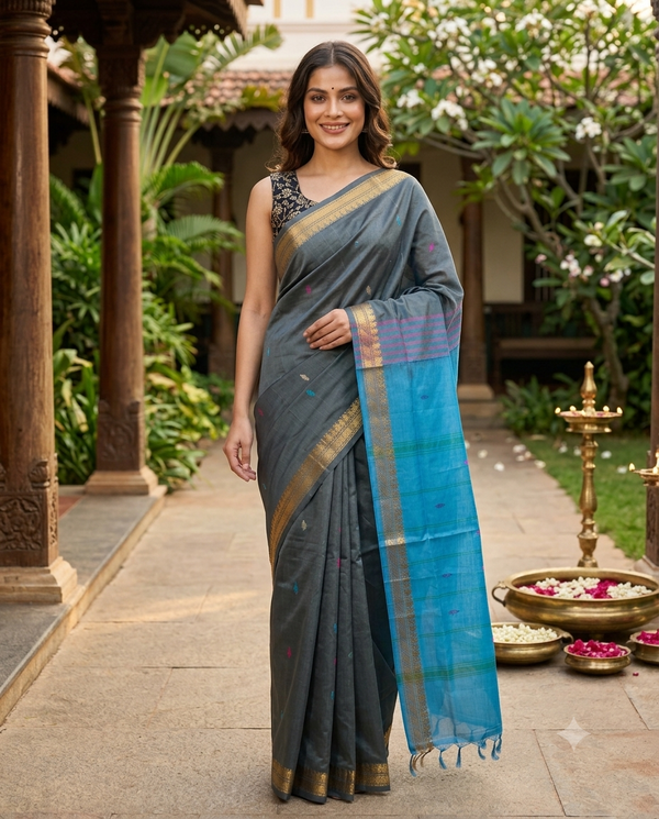 Grey and Blue Banana Silk Sarees