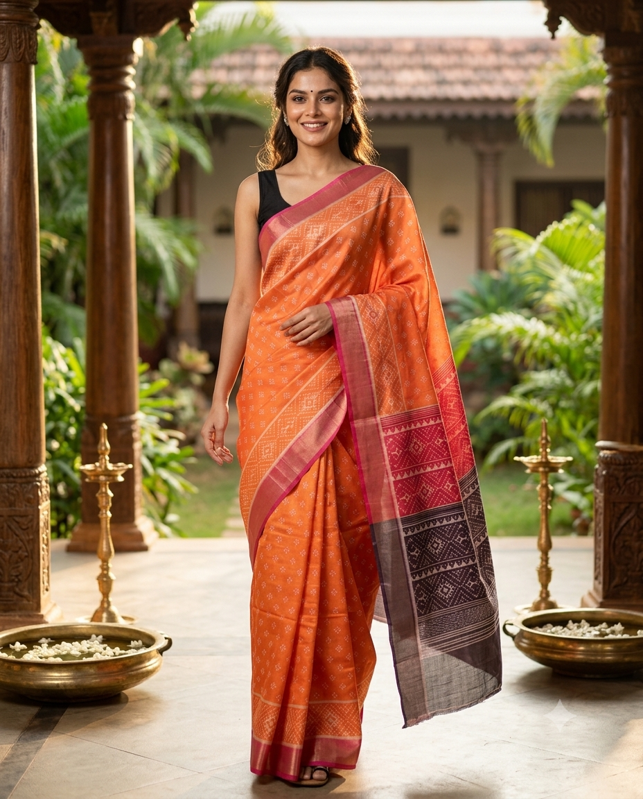 Orange Saree with Pink and Black Patola Munthi Dola Silk Saree