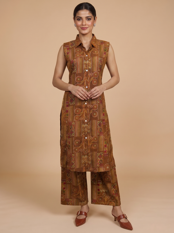 Brown Co-ord Set with A-Line Cut