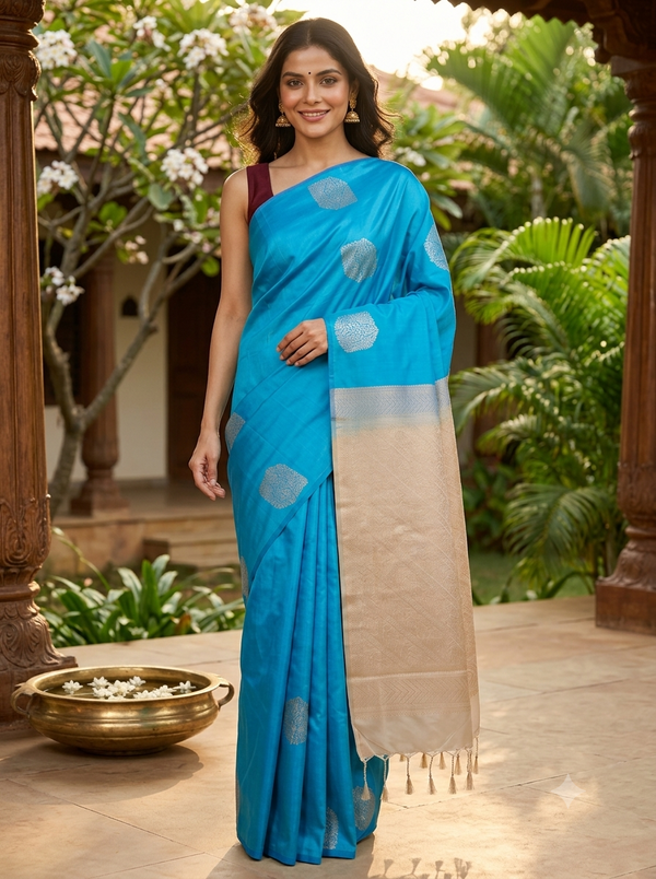 Sky Blue with Cream - Semi Silk Saree