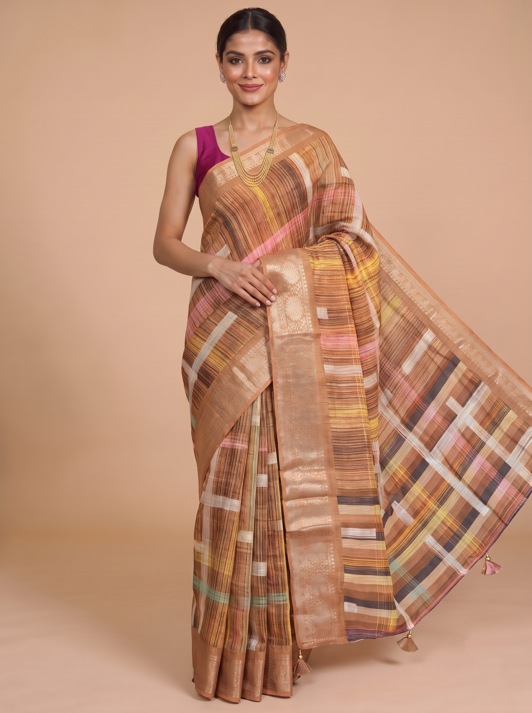 Elegant Ochre Brown with Golden Zari Pallu - Semi Raw Silk Saree