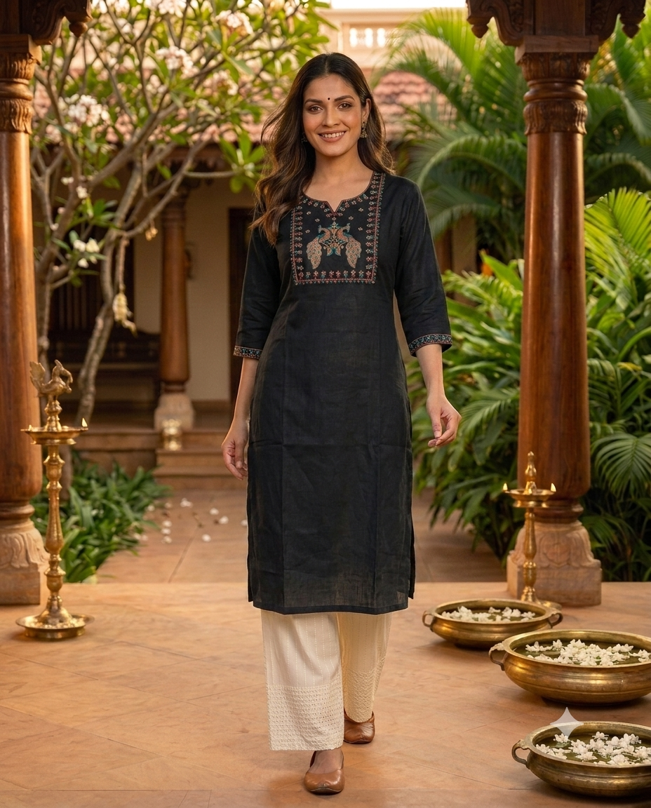 Black Cotton Peacock Embroidered  Kurti Top