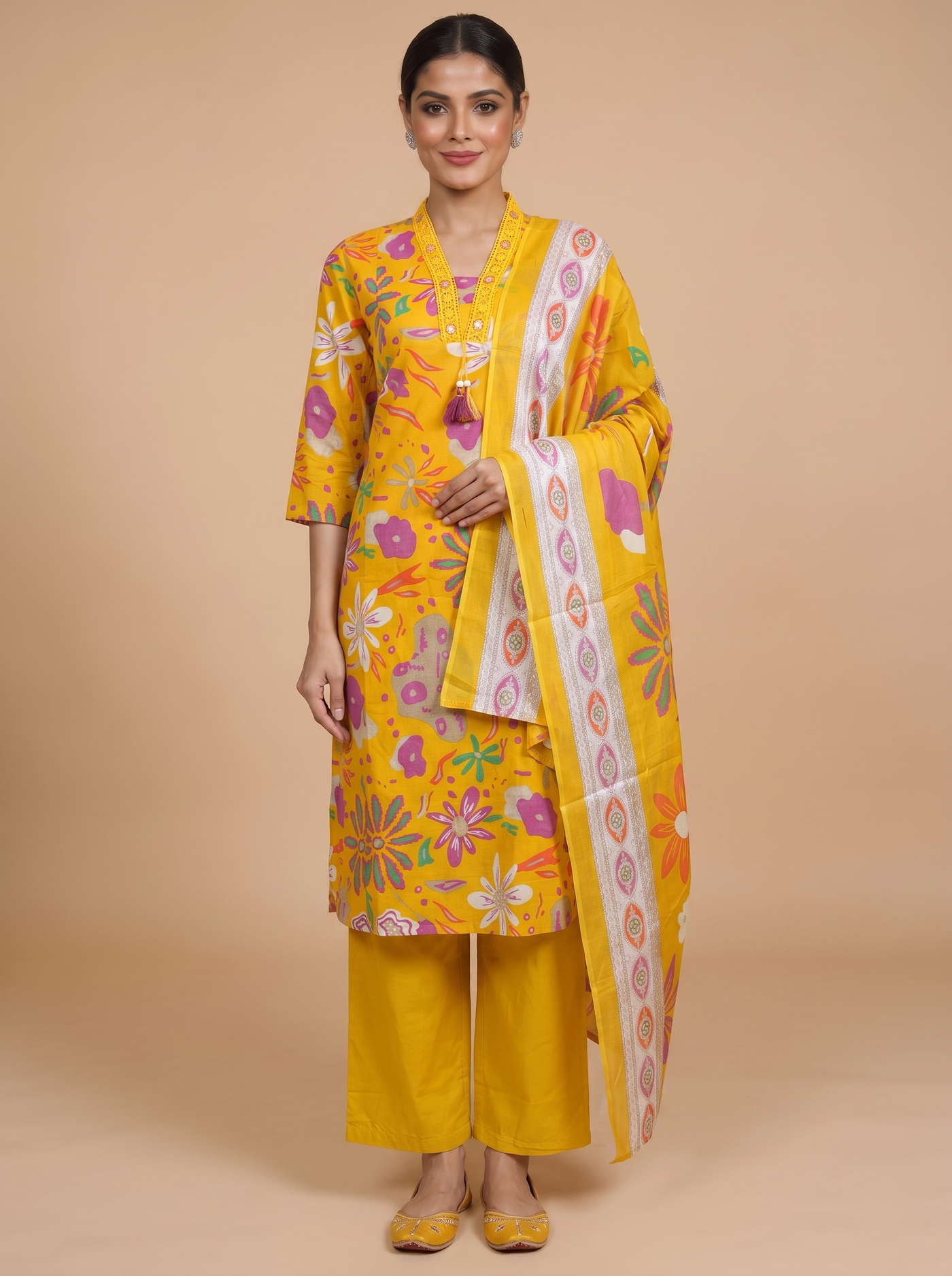 Bright Yellow with Yellow Printed Dupatta Anarkali Kurti Set