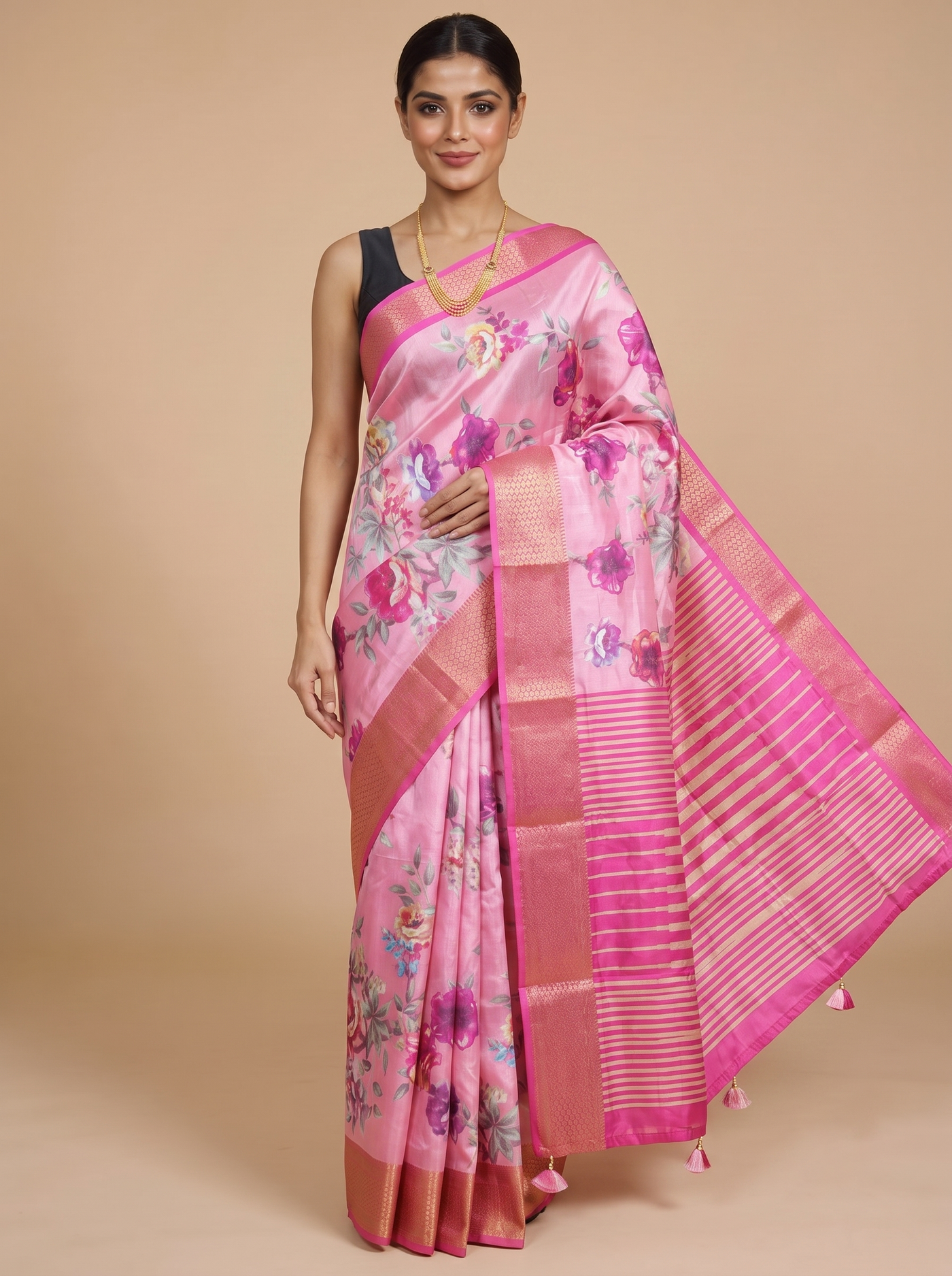 Light Pink Floral Printed Saree with Dark Pink Zari Pallu - Semi Raw Silk Saree
