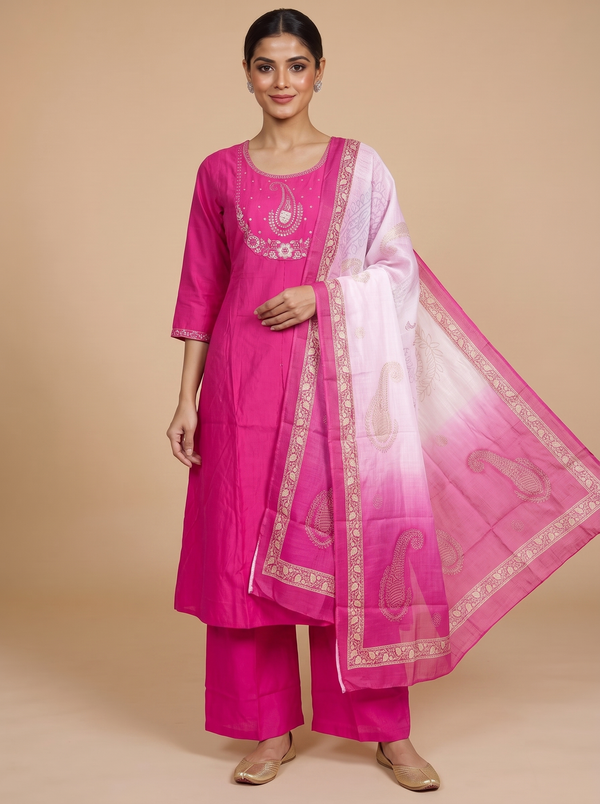 Rani Pink Embroidered Umbrella Kurti Set with Ombre Dupatta