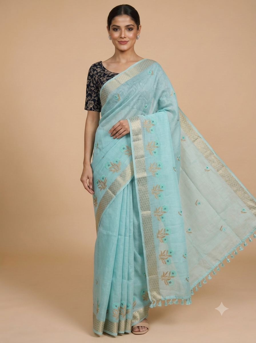 Sky Blue and Gold Linen Cotton Saree