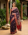 Deep Purple and Red Semi Raw Silk Saree