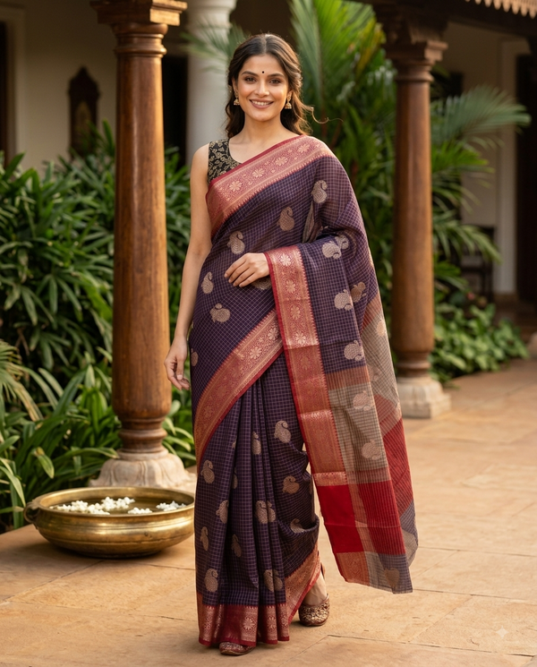 Deep Purple and Red Semi Raw Silk Saree