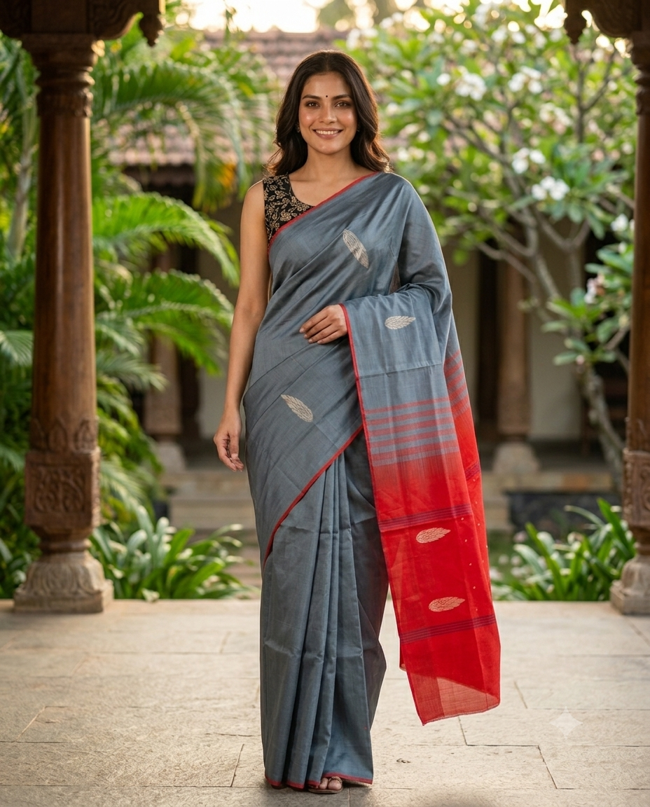 Grey and Red Banana Silk Sarees