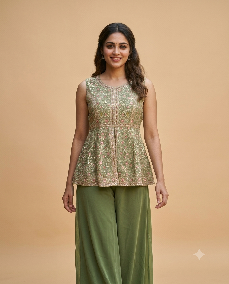 Sage Green Floral Embroidered Sequin Sharara Set