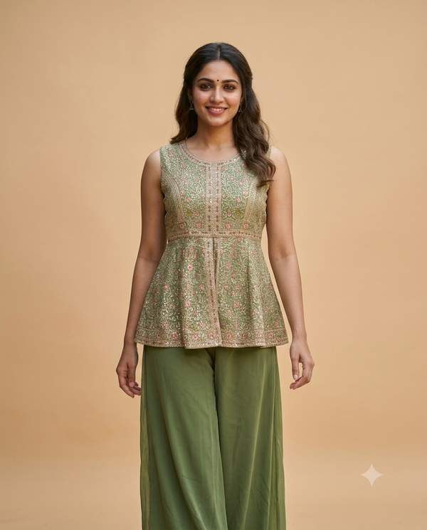 Sage Green Floral Embroidered Sequin Sharara Set