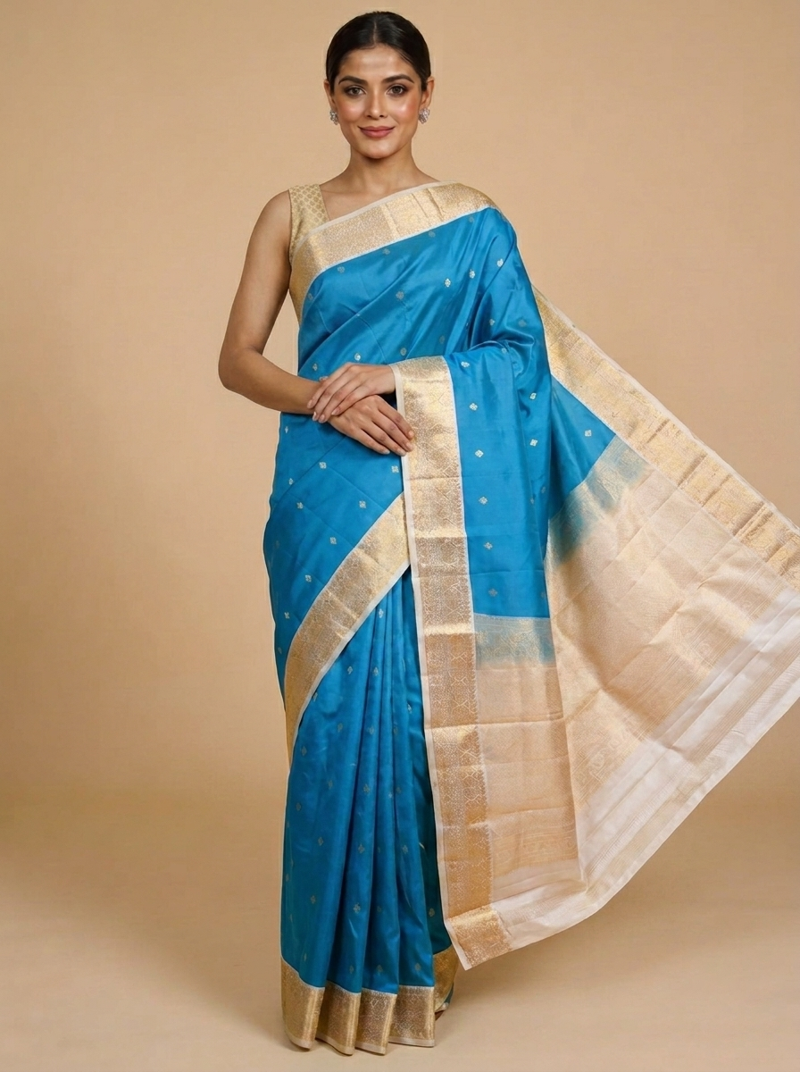 Turquoise Blue and Off-White Pure Kanchipuram Silk Saree