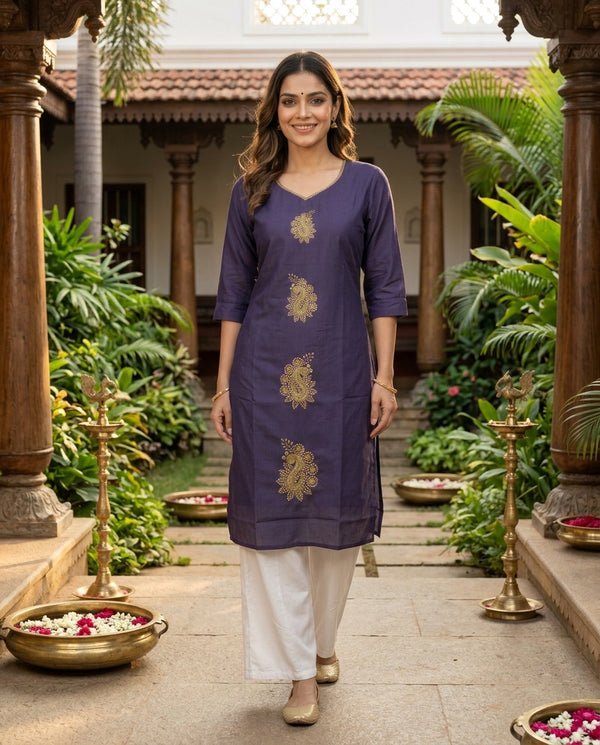 Purple Paisley Embroidered Cotton Straight Cut Top