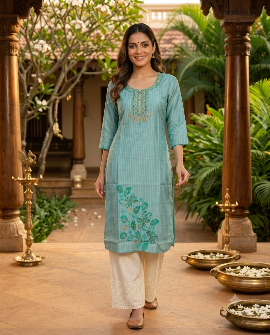 Sea Green Cotton Floral Embroidered  Kurti Top