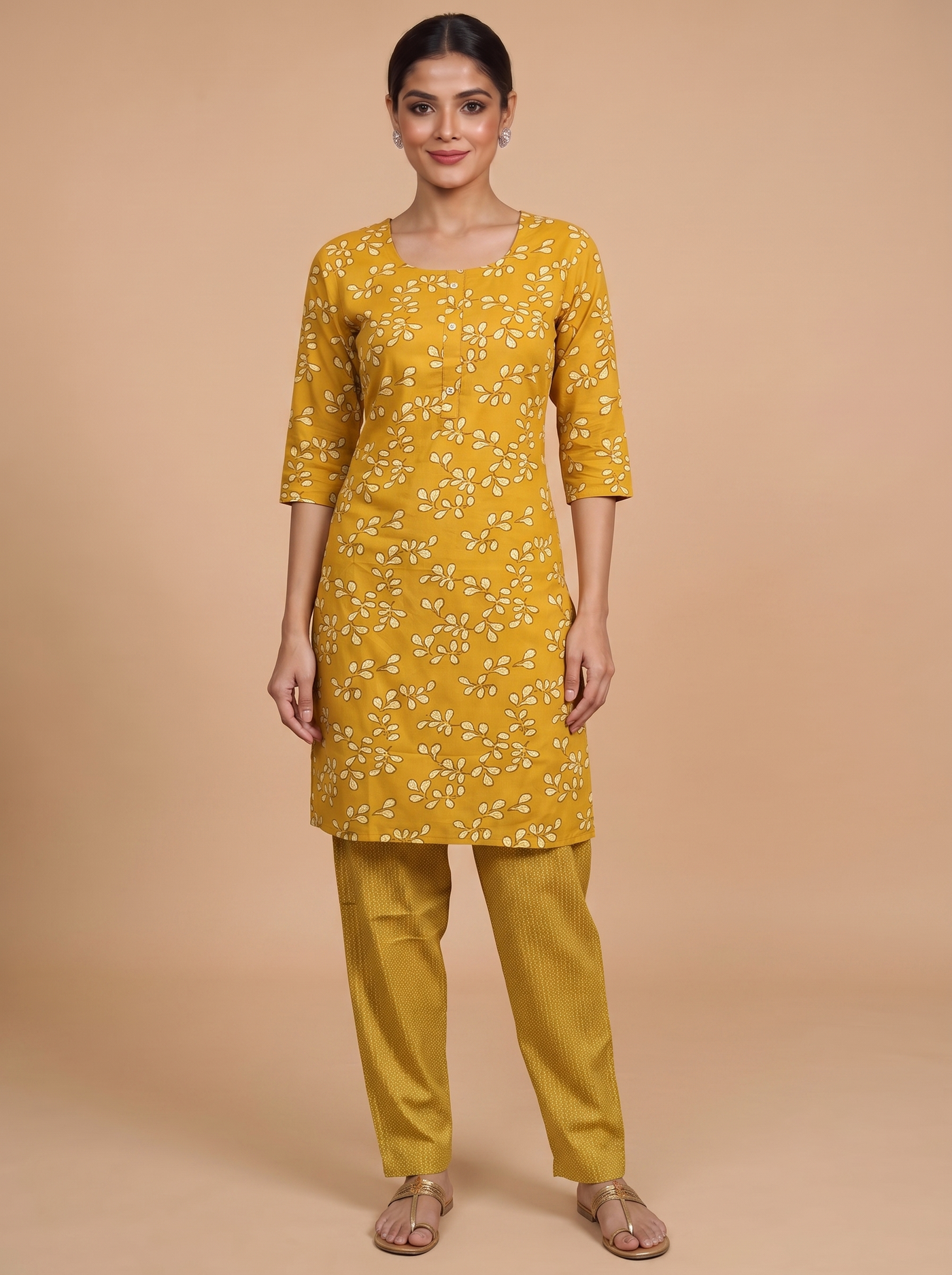Elegant Mustard Yellow Floral Print Cotton Kurti Set