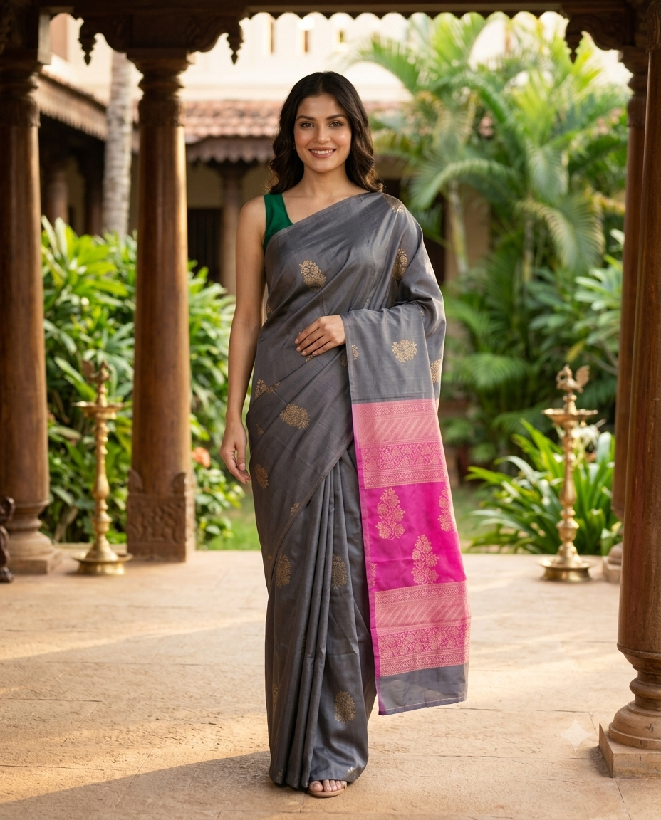 Grey with Pink Kanchi  Semi Silk Saree