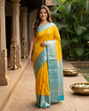 Vibrant Mustard Yellow & Turquoise Blue Pure Silk Saree